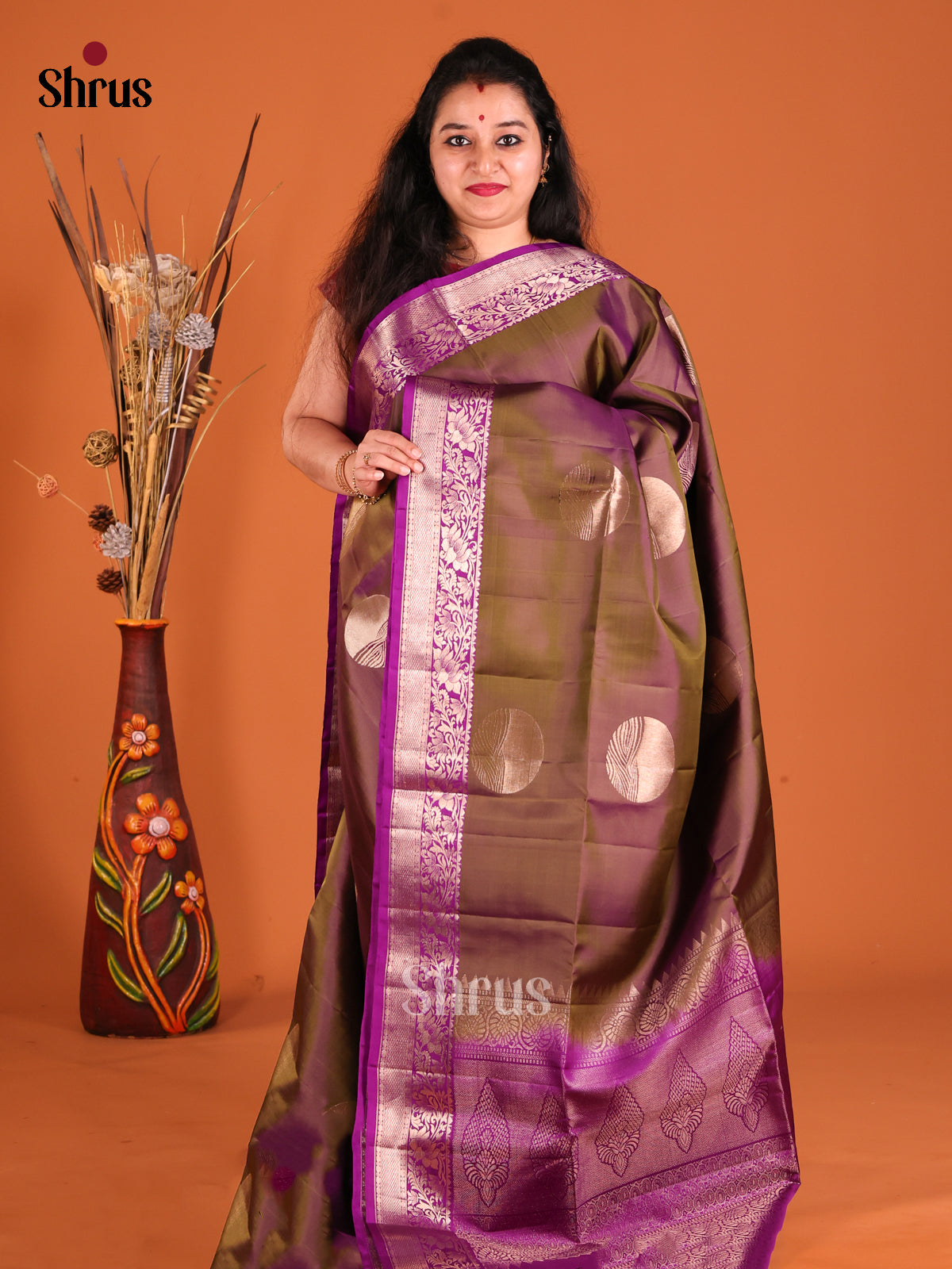 Double Shaded Brown & Purple Soft Silk Saree with contrast floral vine border-1