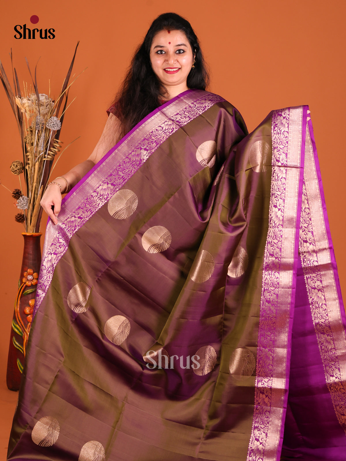 Double Shaded Brown & Purple Soft Silk Saree with contrast floral vine border-2