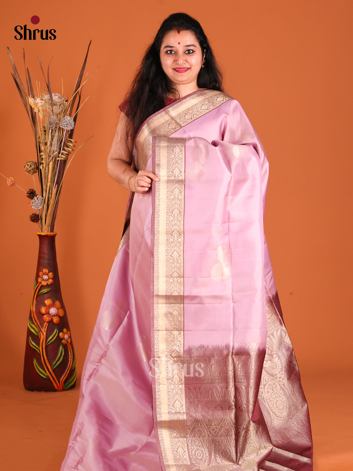 Elegant Lavender & Dusty Brown Soft Silk Saree gleams with zari round motifs-1