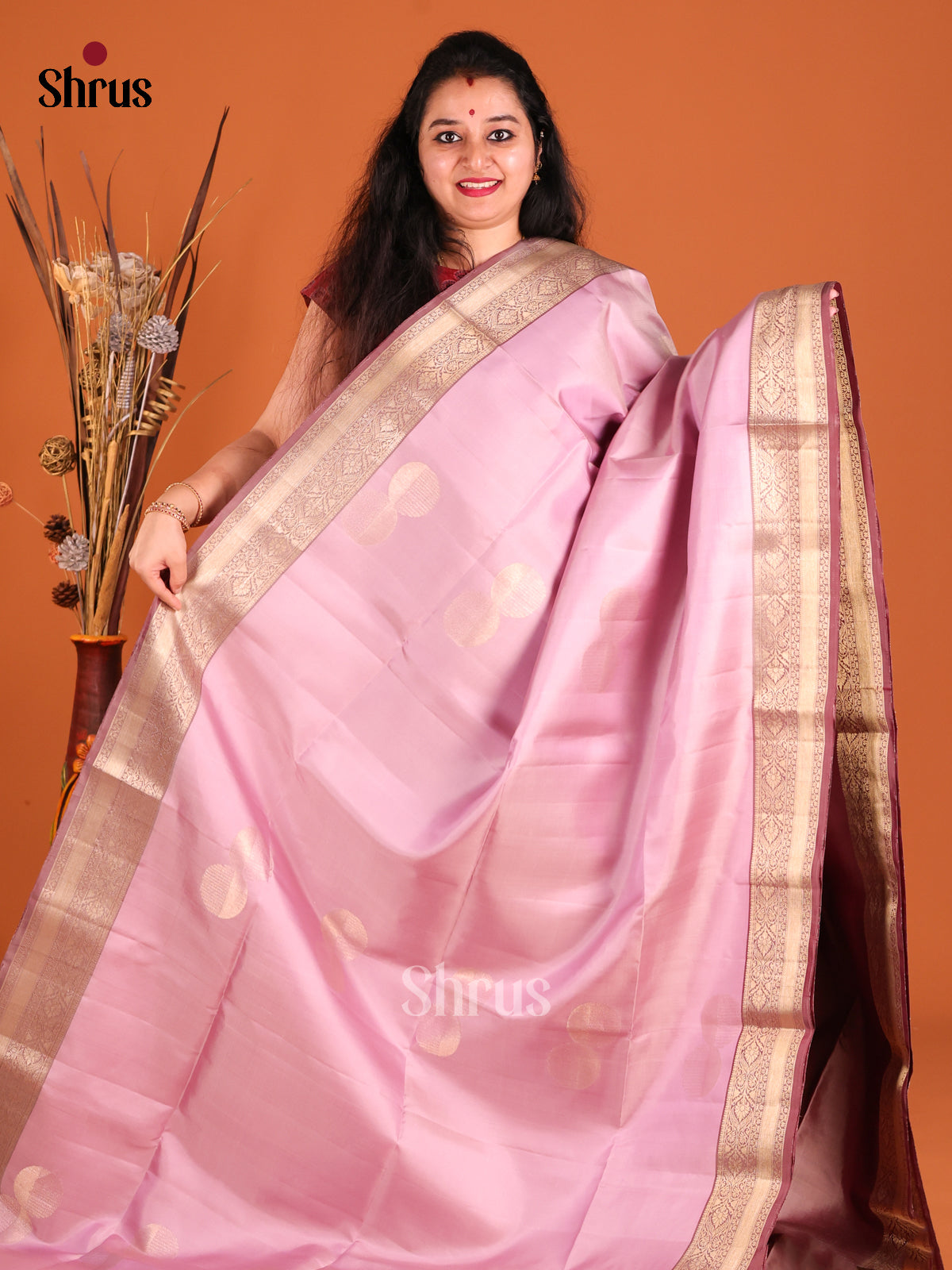 Elegant Lavender & Dusty Brown Soft Silk Saree gleams with zari round motifs-2