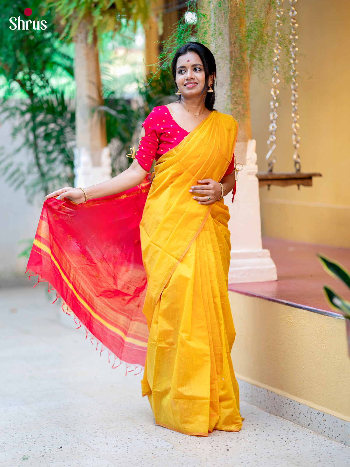 Yellow & red- Semi Maheshwari Saree