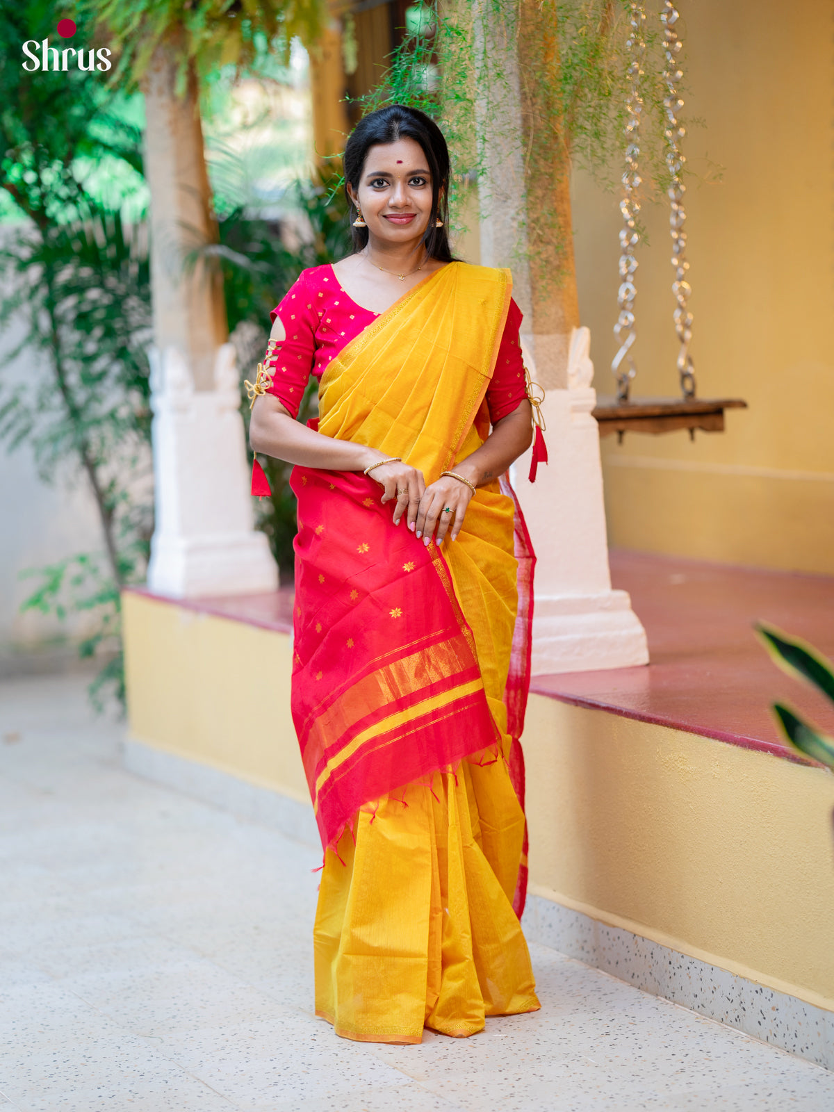 Yellow & red- Semi Maheshwari Saree