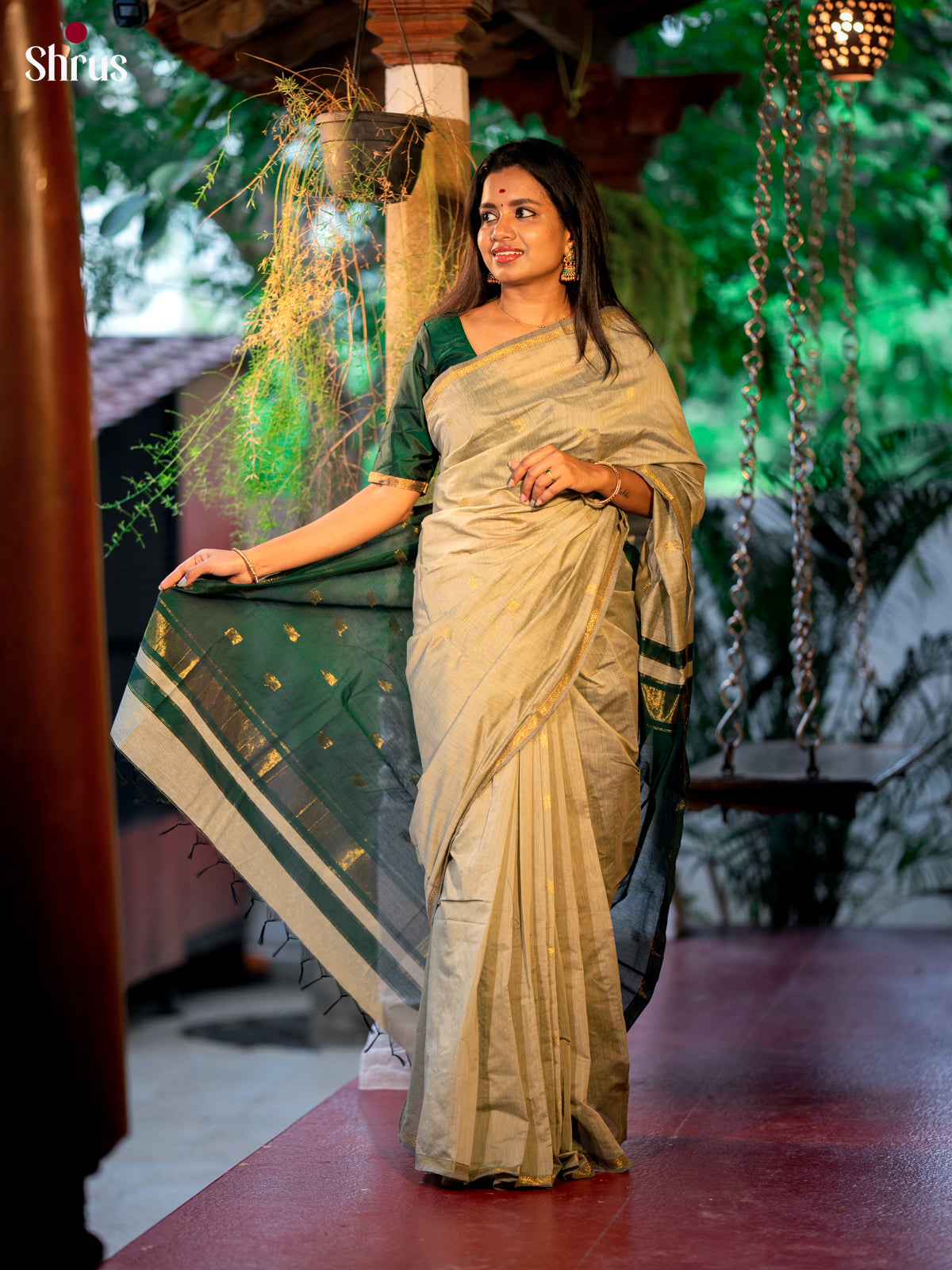 Grey & Green - Semi Maheshwari Saree