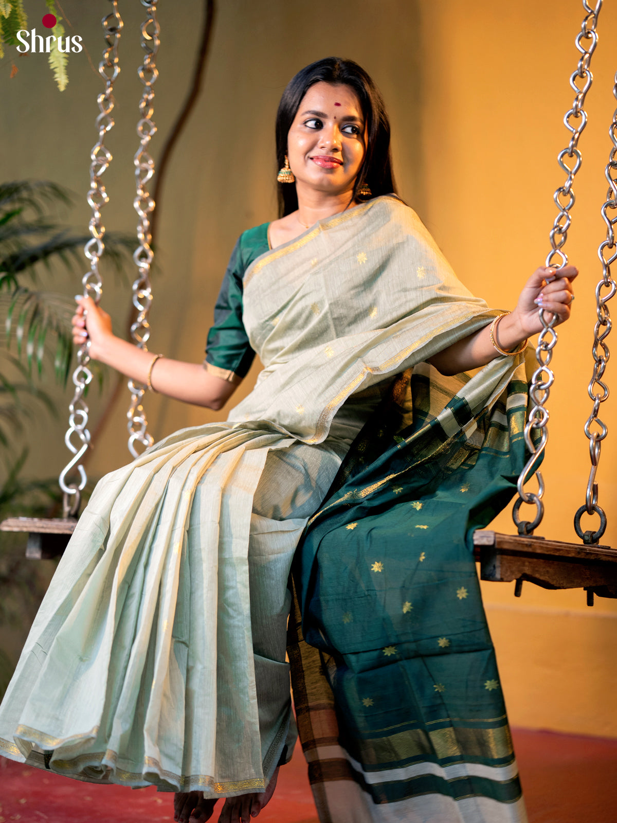 Grey & Green - Semi Maheshwari Saree