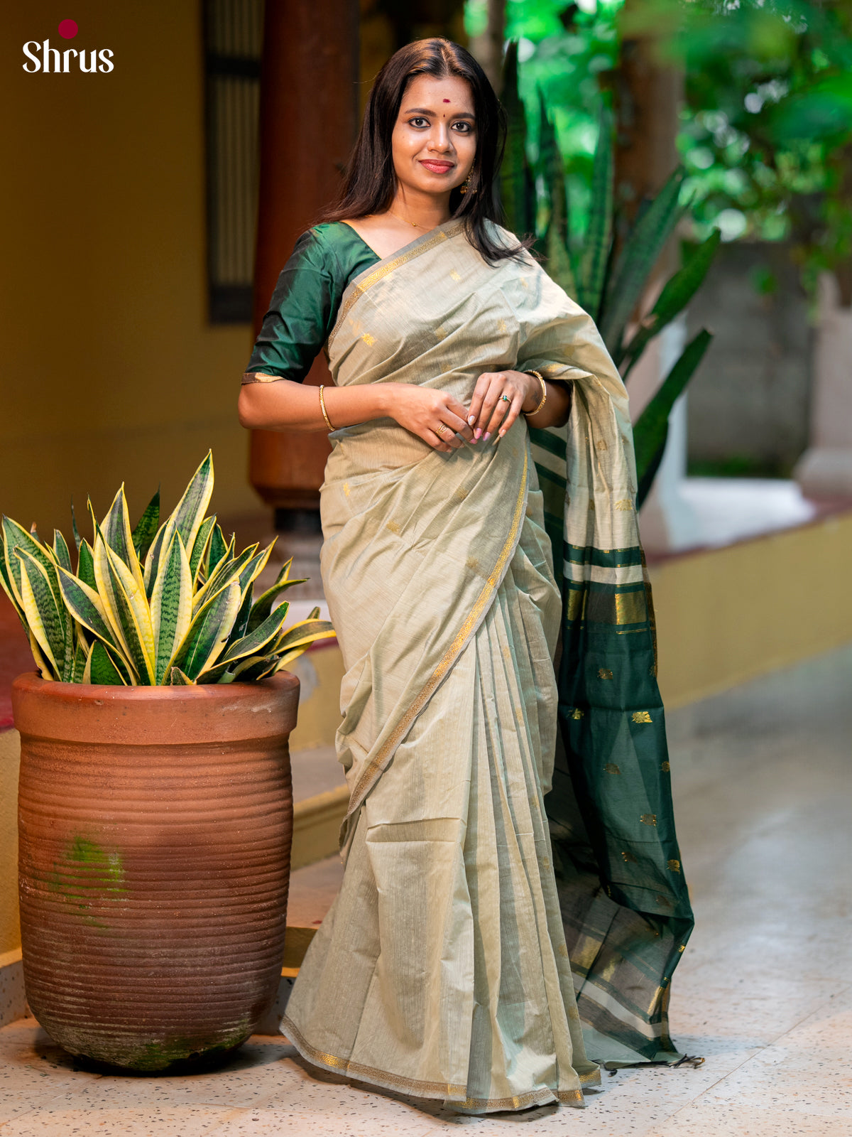 Grey & Green - Semi Maheshwari Saree