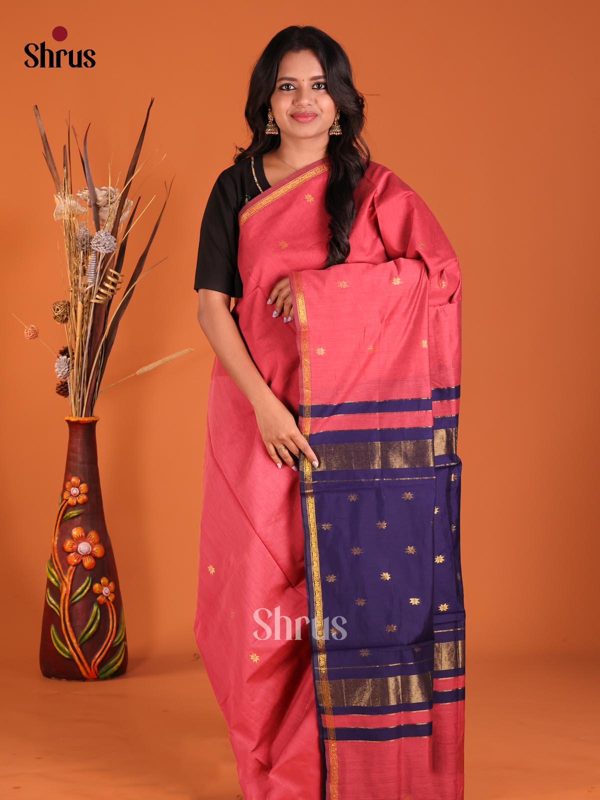 Pink & Blue - Semi Maheshwari Saree - Shop on Shrus.com