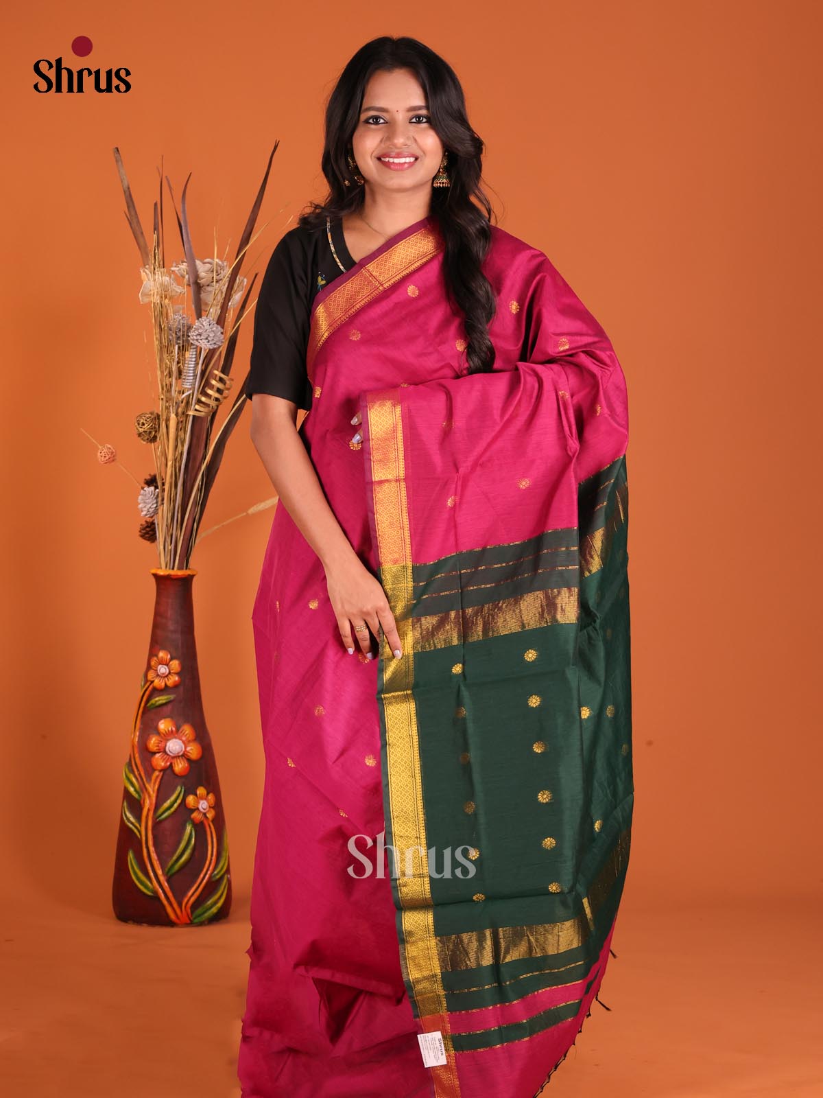 Pink & Green - Semi Maheshwari Saree - Shop on Shrus.com