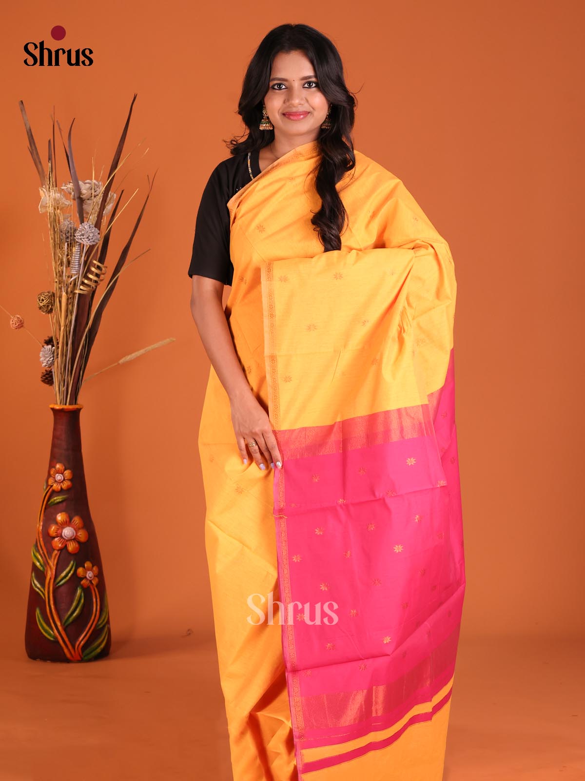 Yellow & Pink- Semi Maheshwari Saree
