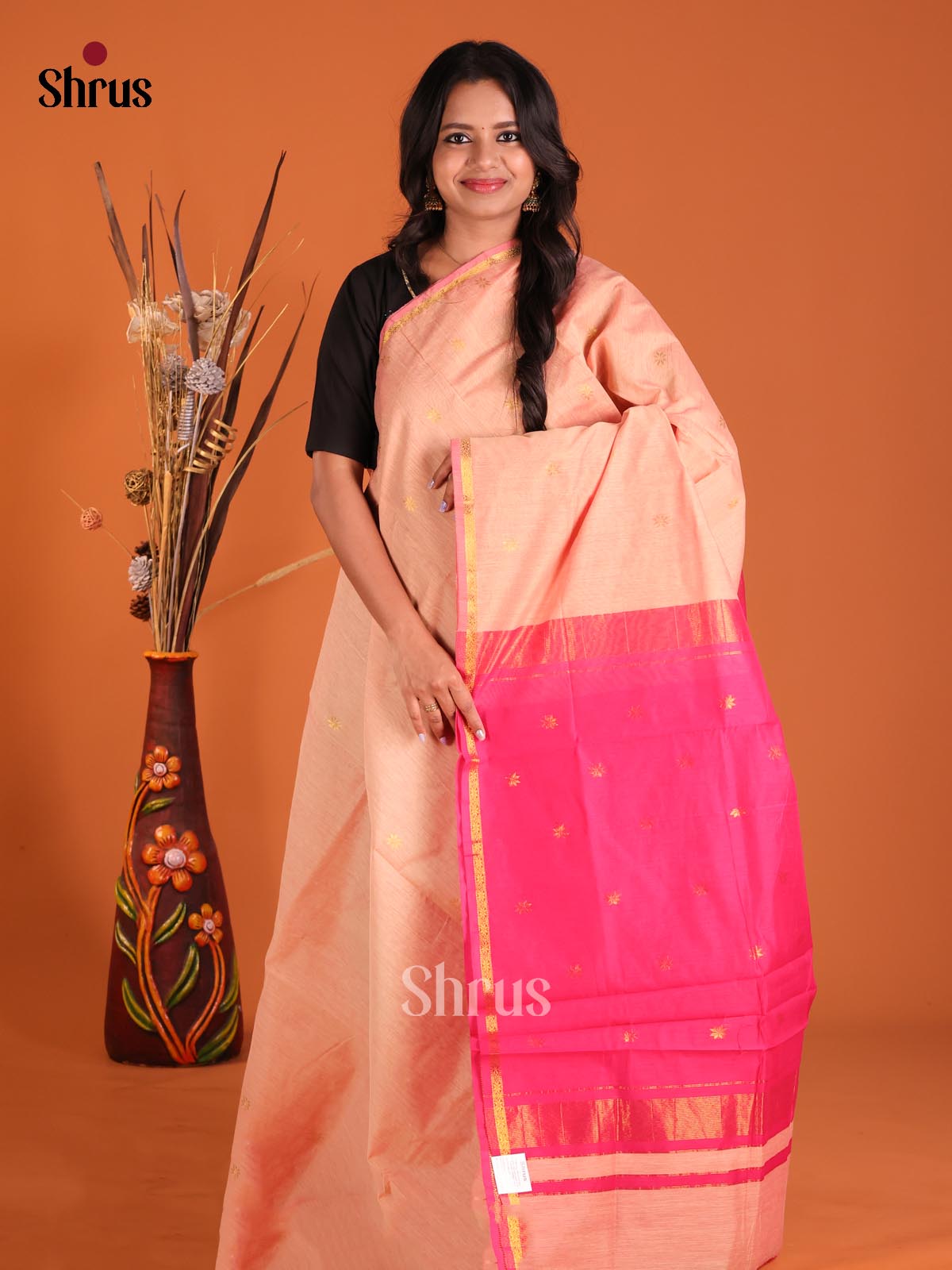 Peach & Pink- Semi Maheshwari Saree