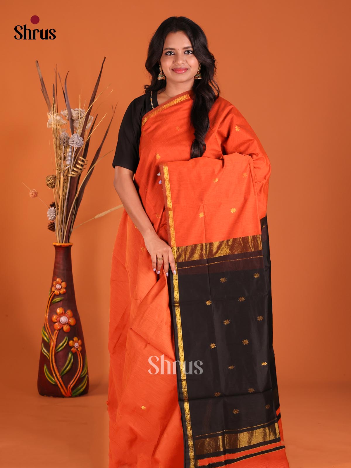Orange & Black - Semi Maheshwari Saree - Shop on Shrus.com