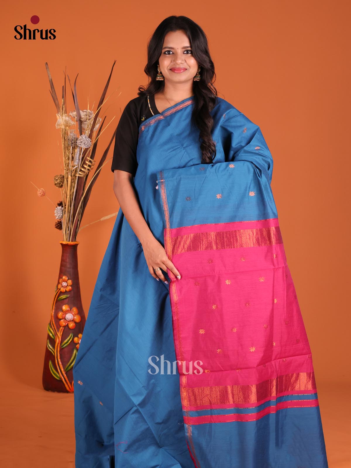 Blue & Pink - Semi Maheshwari Saree