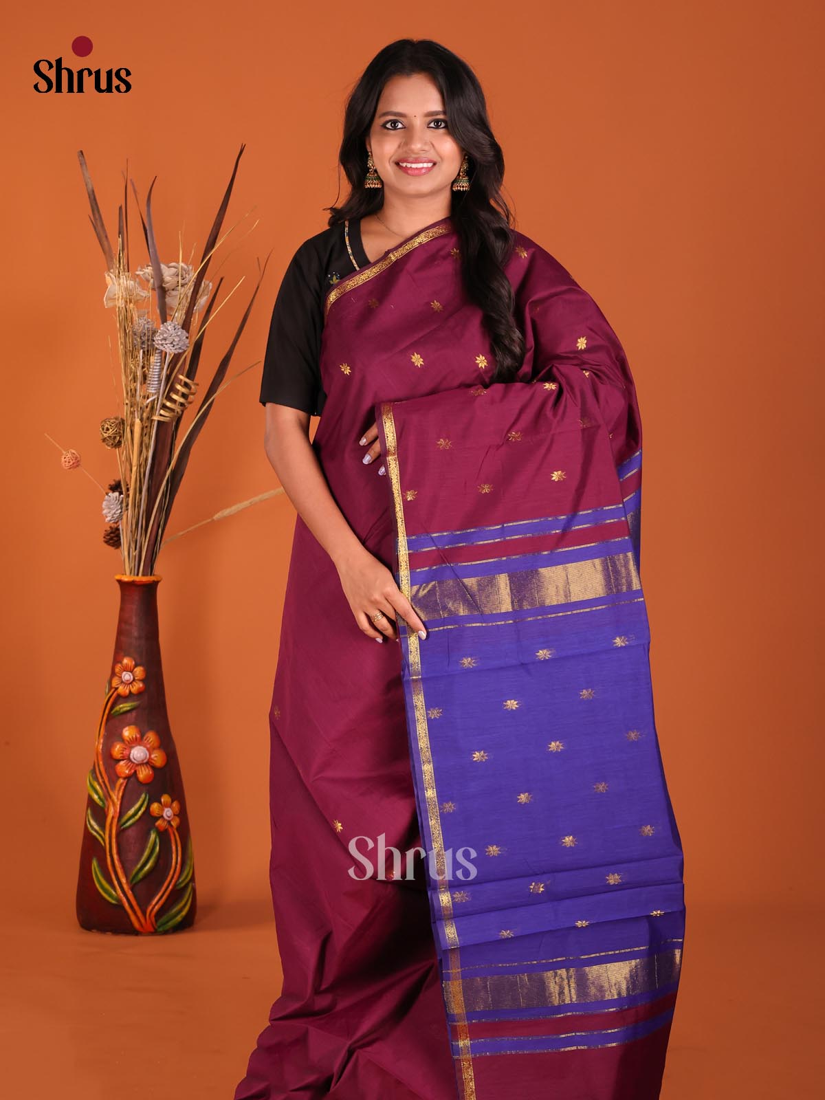 Maroon & Blue - Semi Maheshwari Saree - Shop on Shrus.com