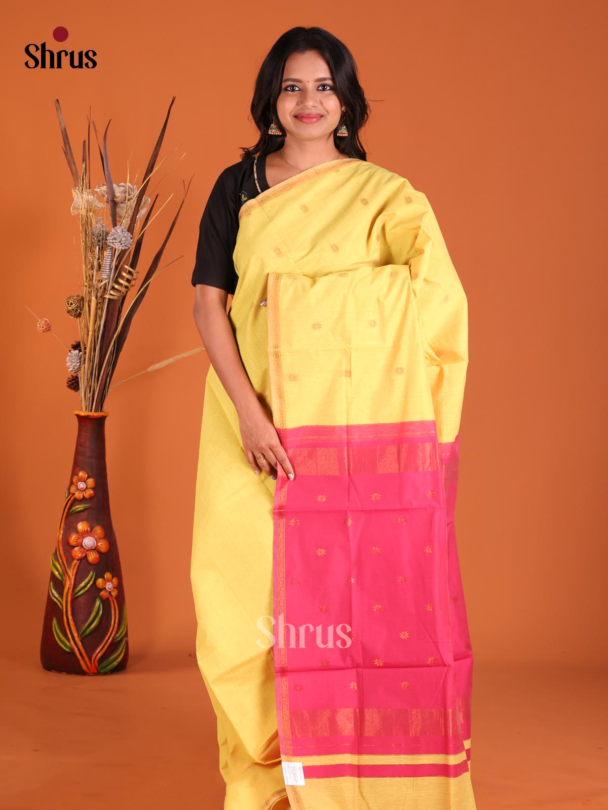 Yellow & Pink - Semi Maheshwari Saree