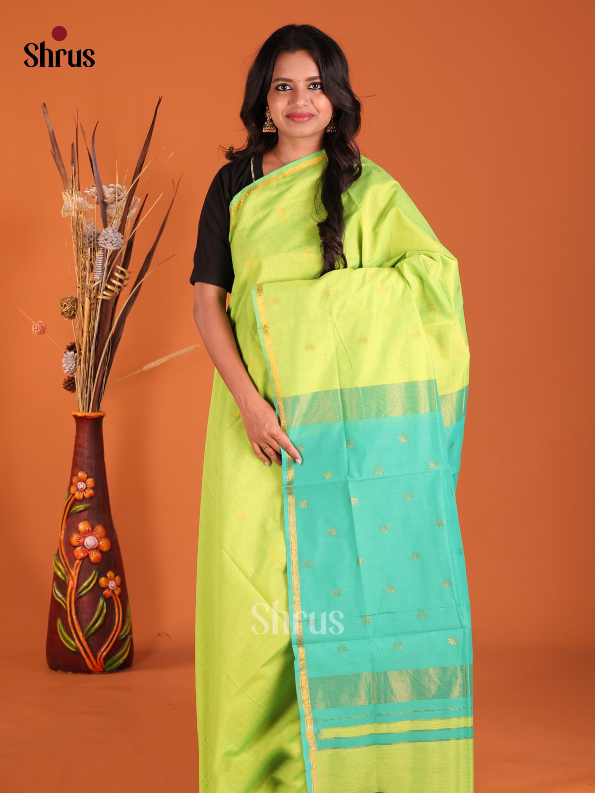 Light Green & Green - Semi Maheshwari Saree - Shop on Shrus.com