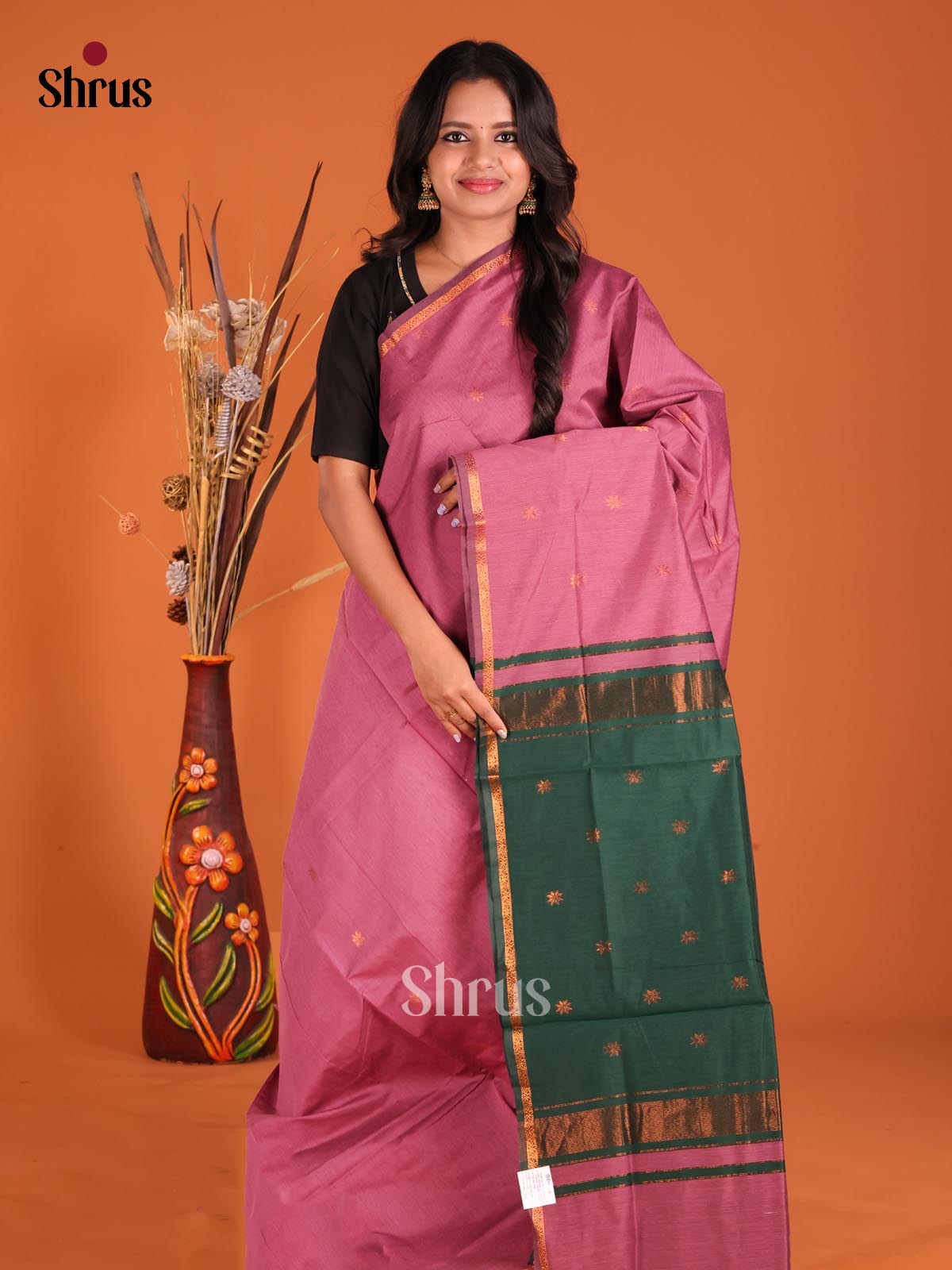 Pink & Green- Semi Maheshwari Saree - Shop on Shrus.com
