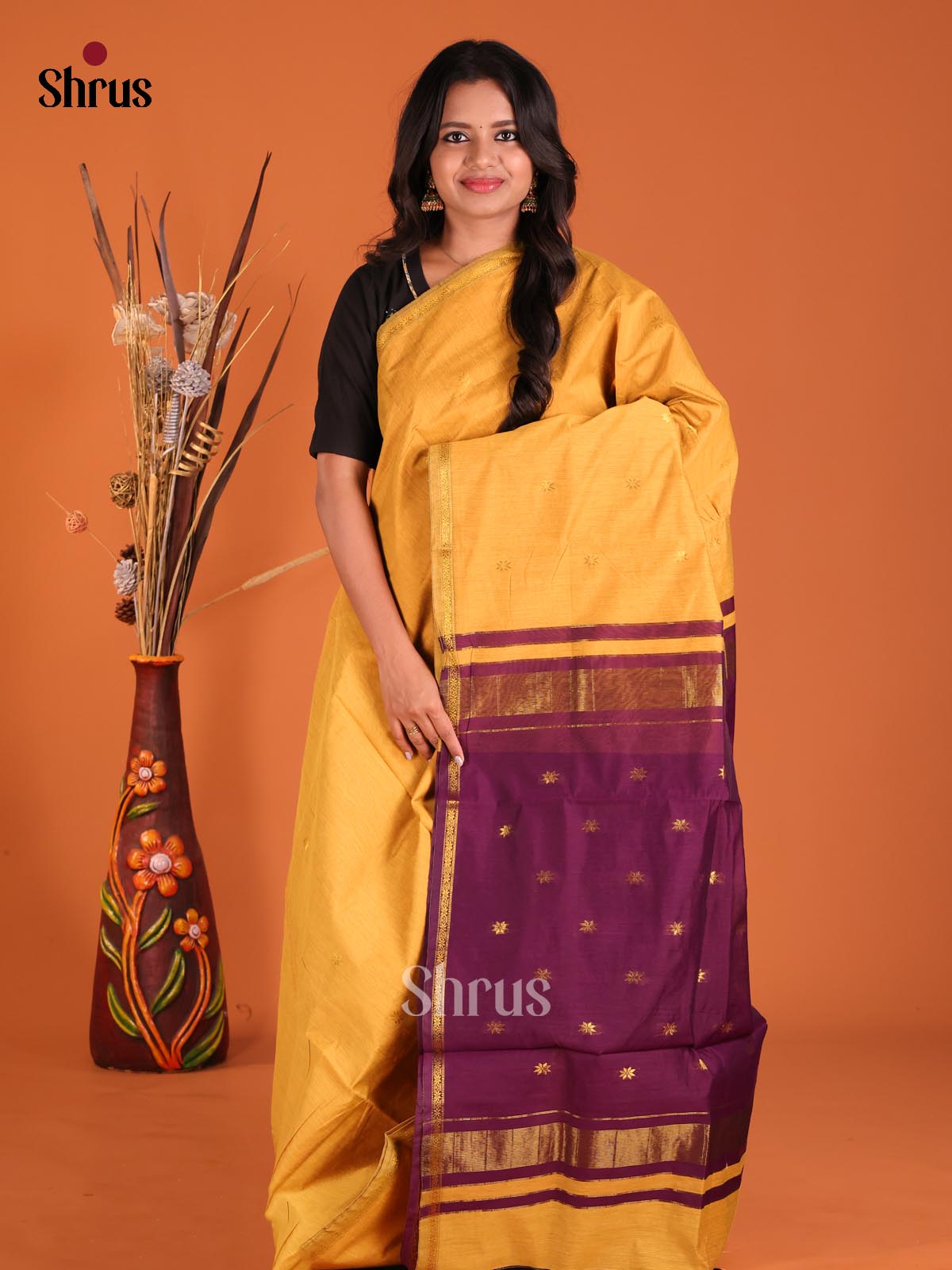 Mustard & Violet- Semi Maheshwari Saree - Shop on Shrus.com