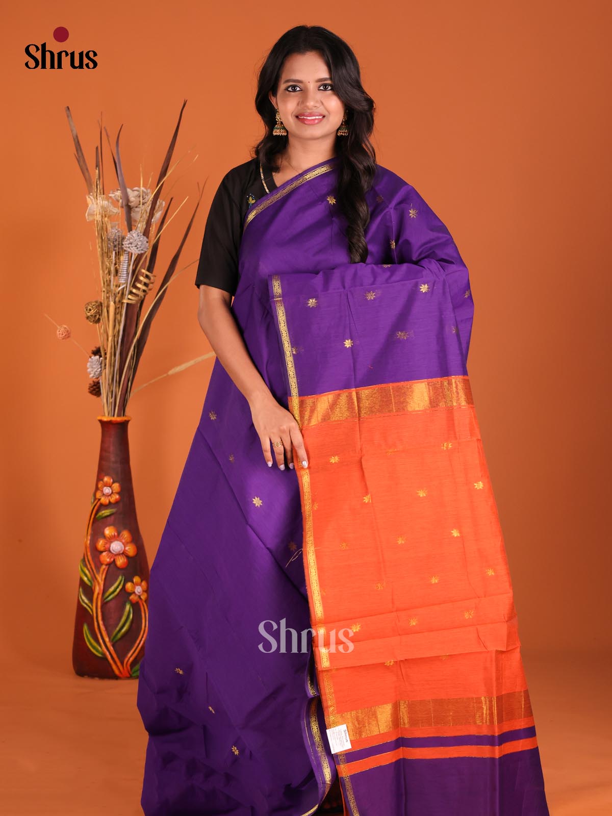 Violet & Orange - Semi Maheshwari Saree - Shop on Shrus.com