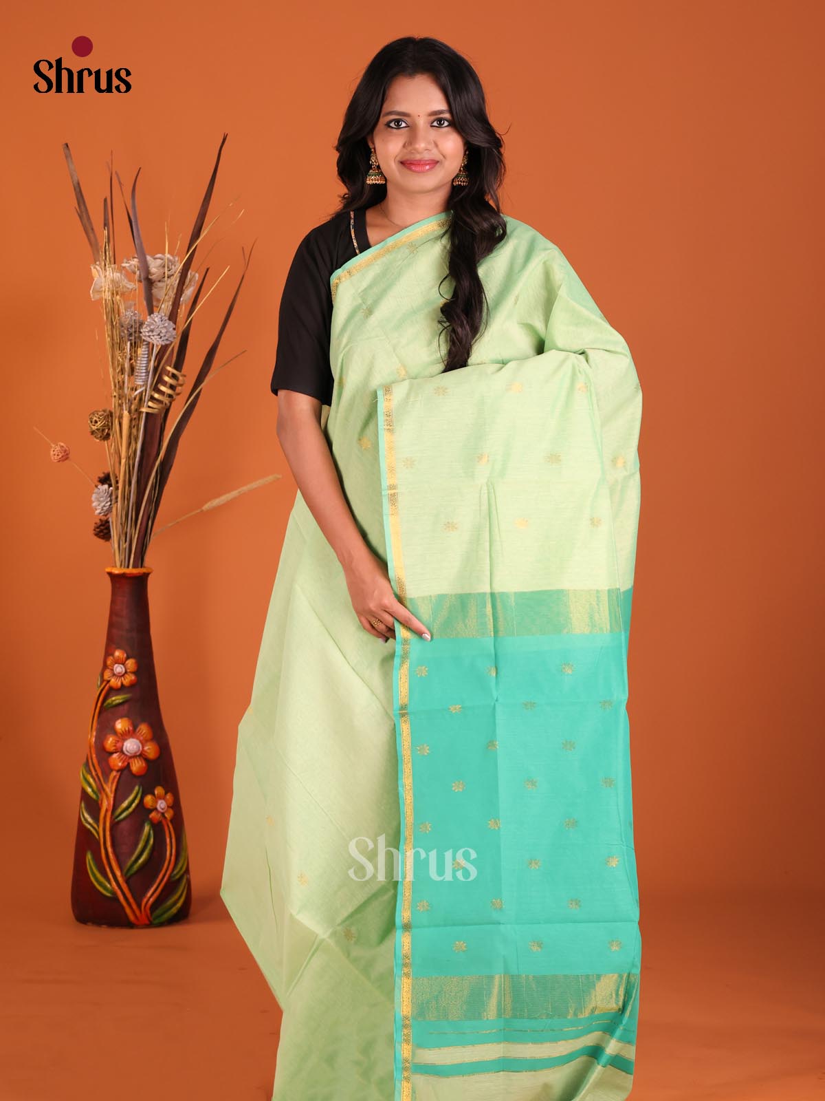 Pista Green & Green - Semi Maheshwari Saree - Shop on Shrus.com