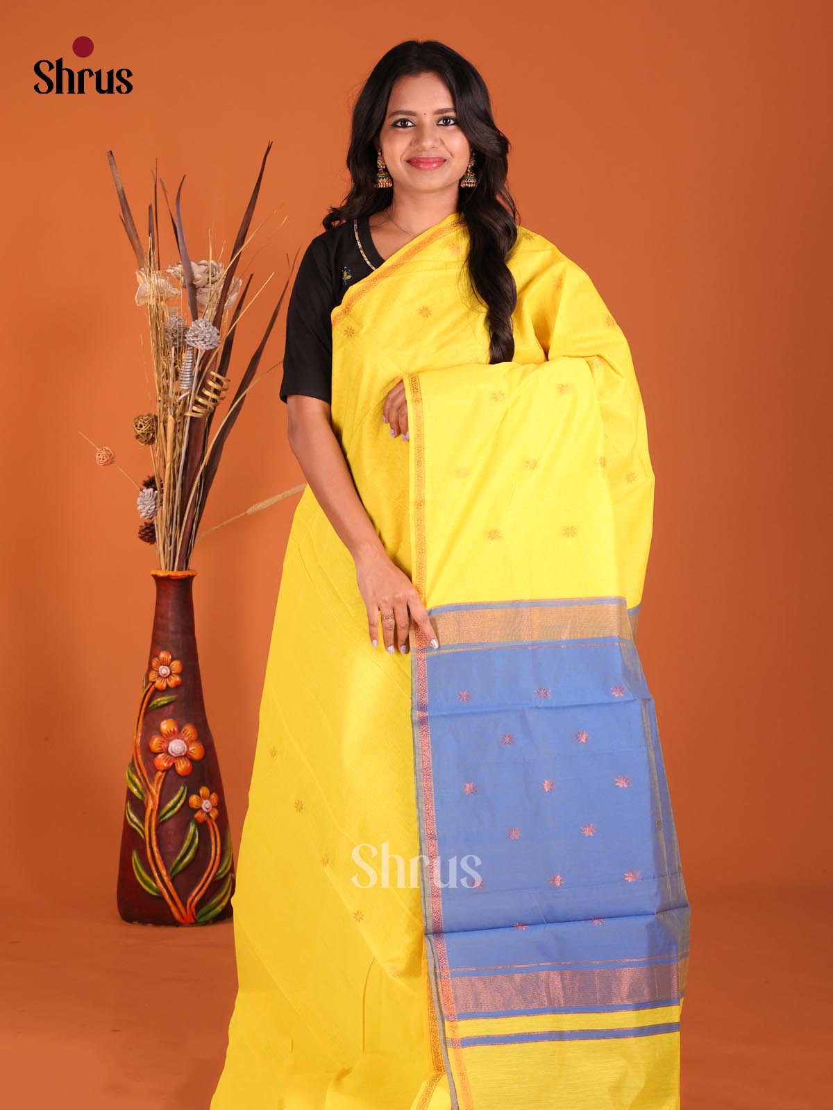 Yellow & Blue- Semi Maheshwari Saree - Shop on Shrus.com