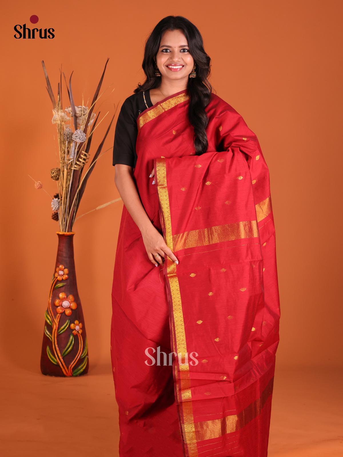 Red- Semi Maheshwari Saree - Shop on Shrus.com
