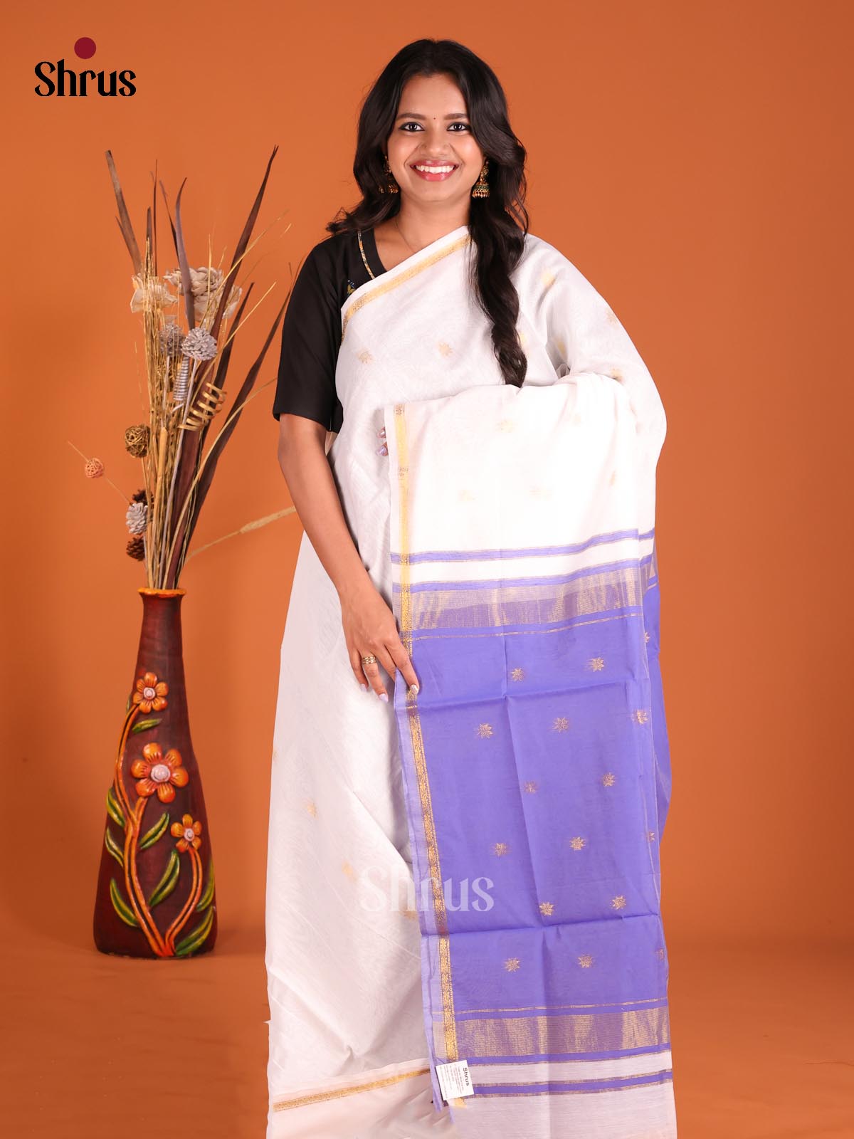 Cream & Purple- Semi Maheshwari Saree - Shop on Shrus.com