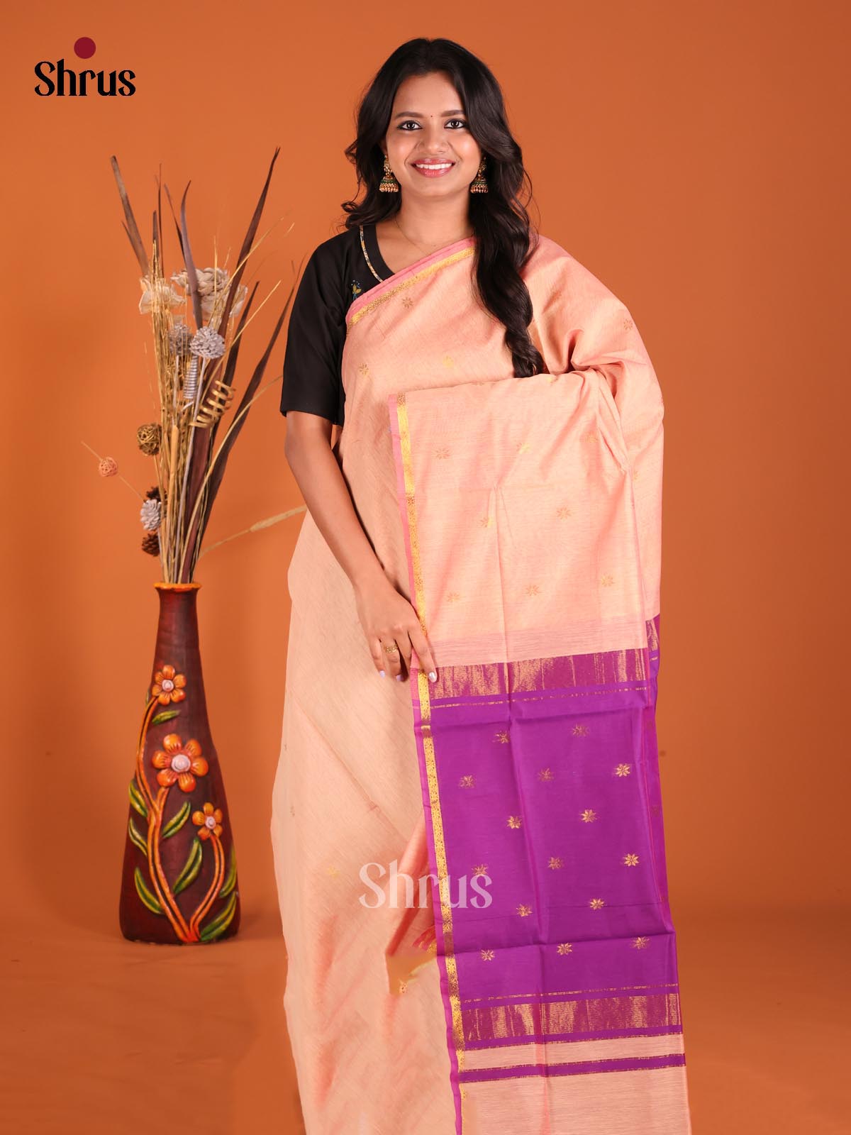 Peach & Purple - Semi Maheshwari Saree
