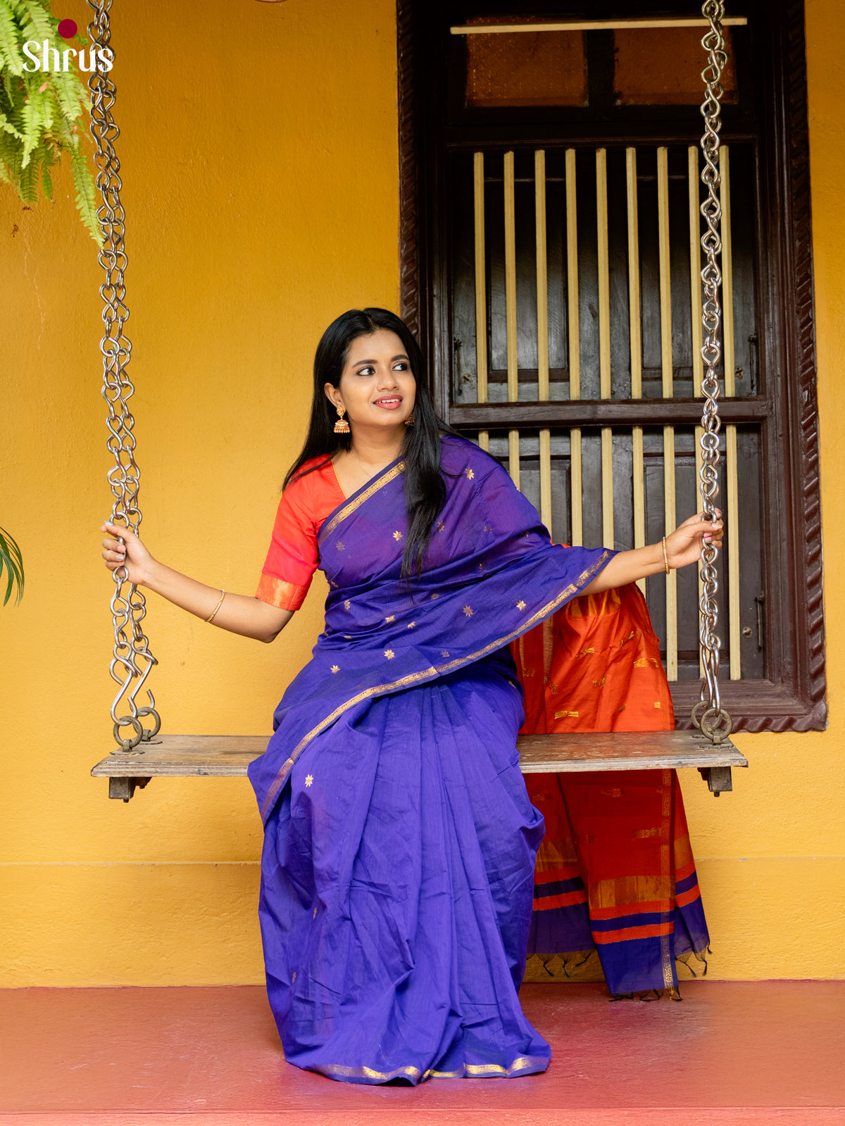 Violet & Orange- Semi Maheshwari Saree