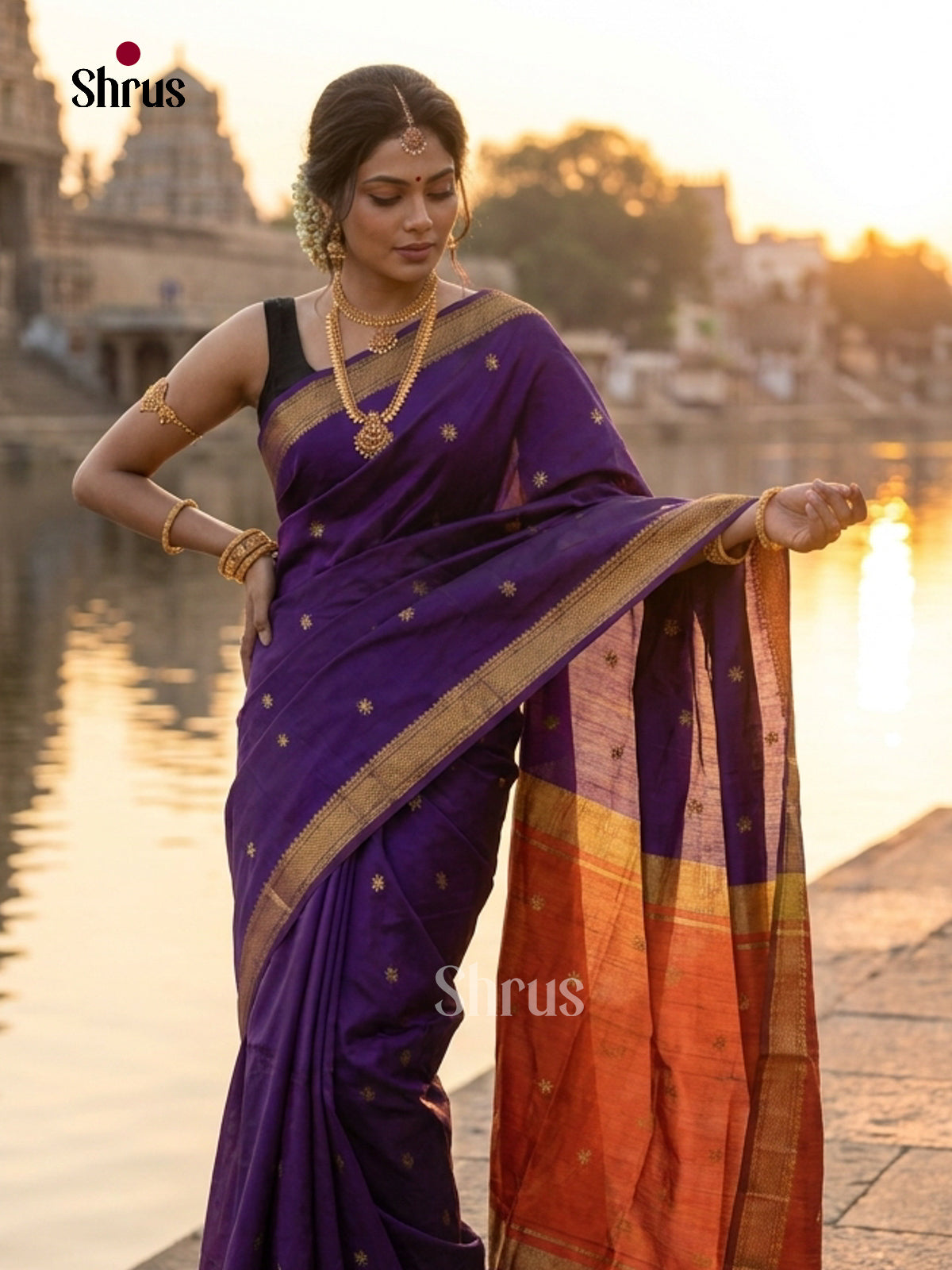 Violet & Orange- Semi Maheshwari Saree