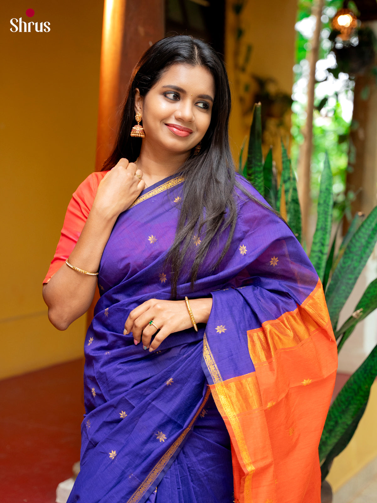 Violet & Orange- Semi Maheshwari Saree