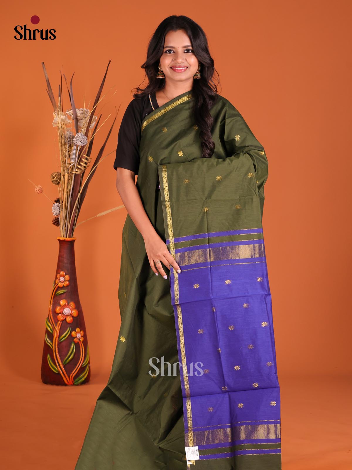 Green & Blue - Semi Maheshwari Saree - Shop on Shrus.com
