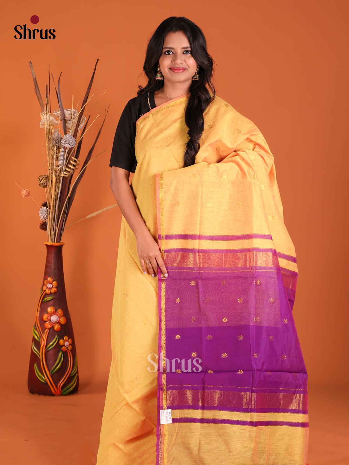 Pale Yellow & Purple - Semi Maheshwari Saree