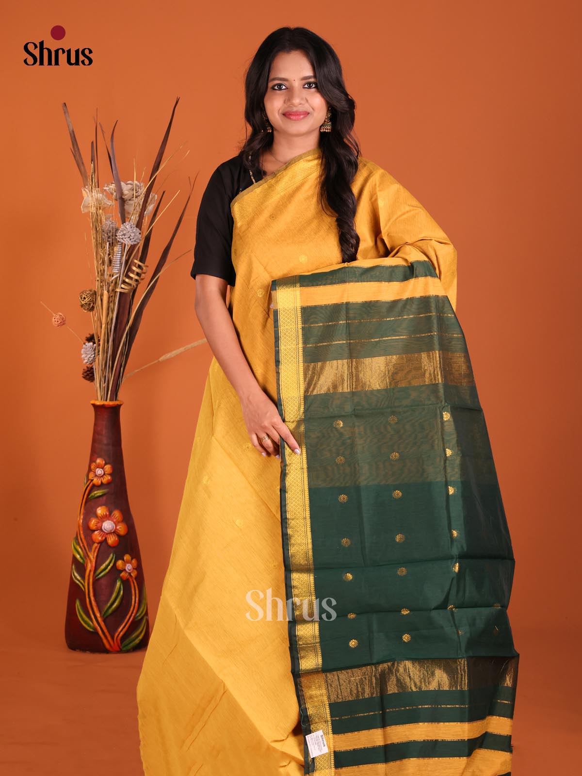 Yellow & Green - Semi Maheshwari Saree - Shop on Shrus.com