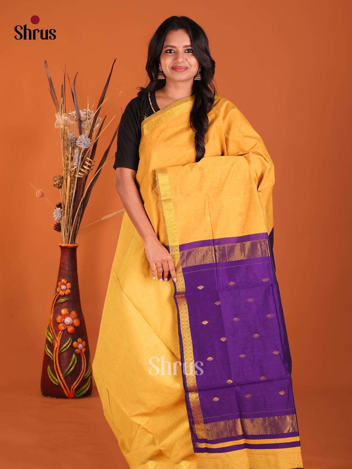 Yellow & Violet- Semi Maheshwari Saree - Shop on Shrus.com