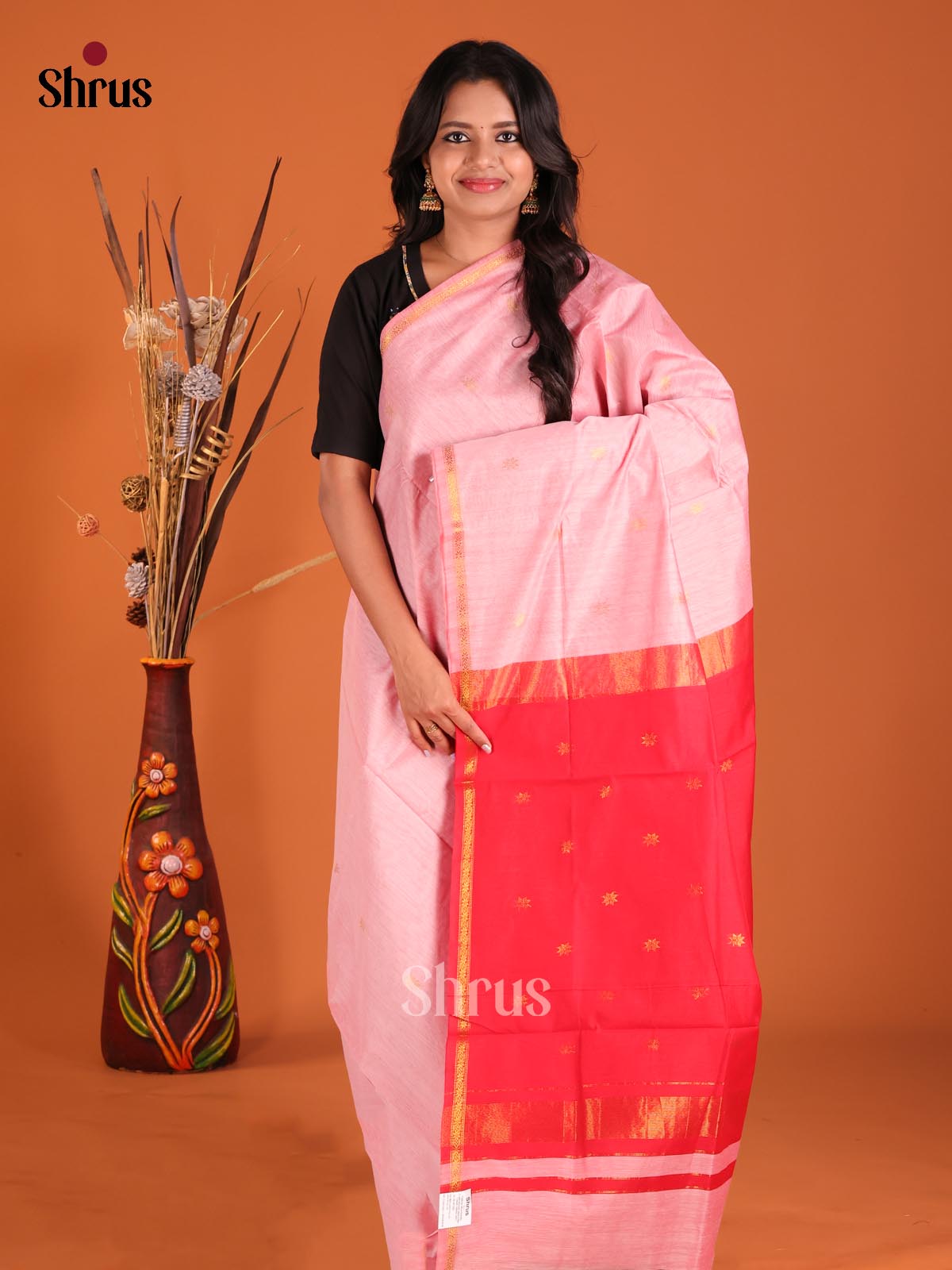 Pink & Red - Semi Maheshwari Saree - Shop on Shrus.com