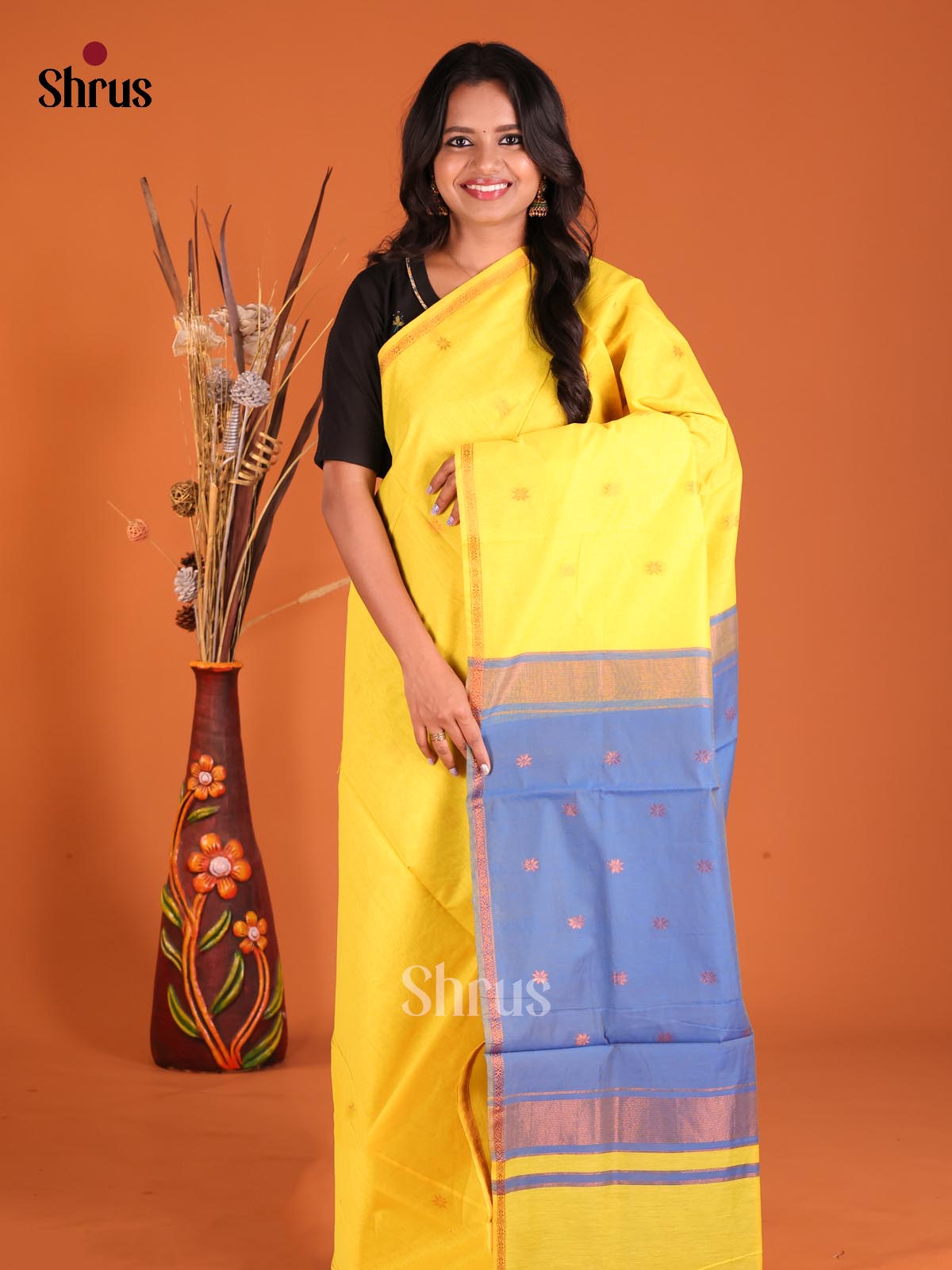 Yellow & Blue - Semi Maheshwari Saree - Shop on Shrus.com