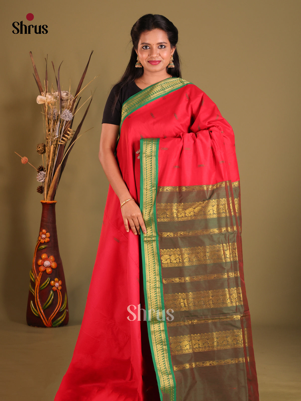 Red & Green - Kalyani Cotton Saree - Shop on Shrus.com
