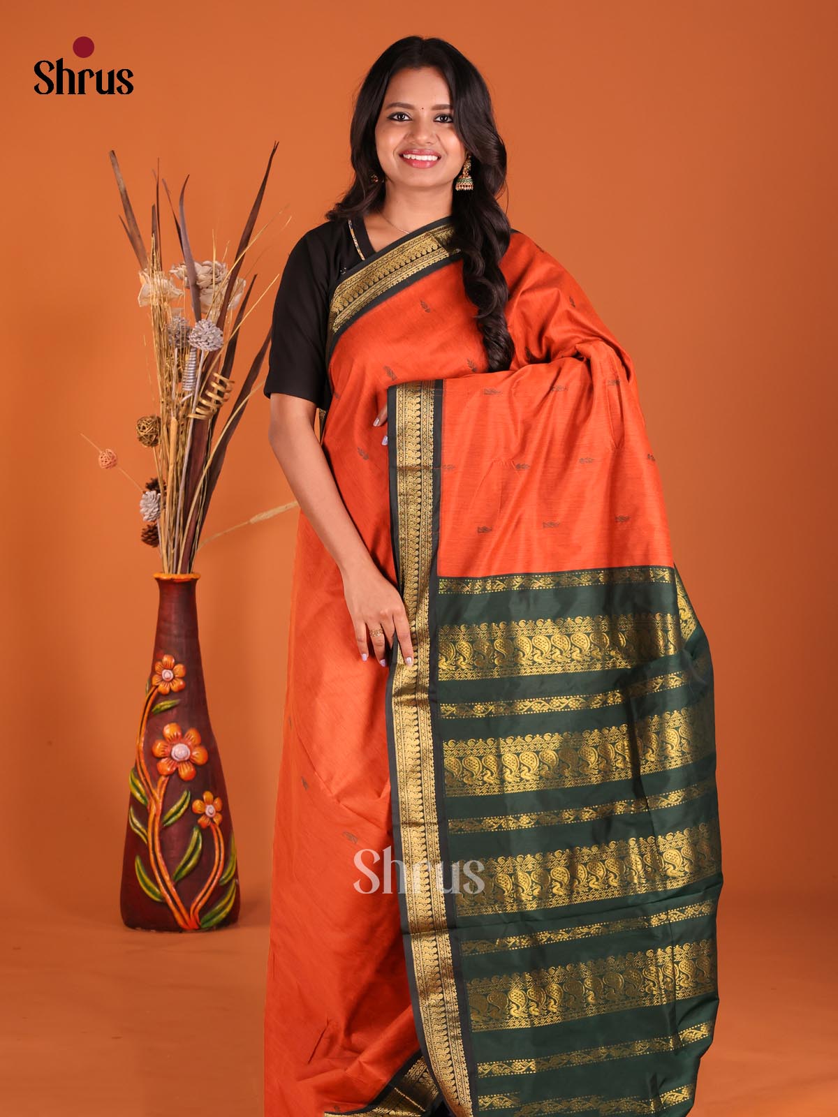 Orange & Green- Kalyani Cotton Saree - Shop on Shrus.com