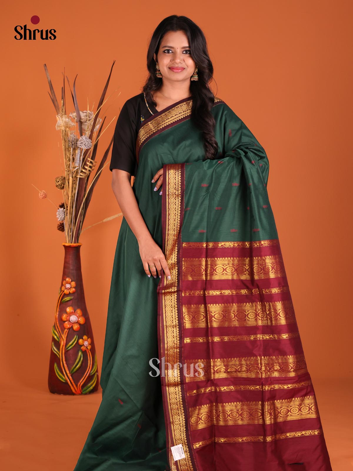 Green & Maroon - Kalyani Cotton Saree - Shop on Shrus.com