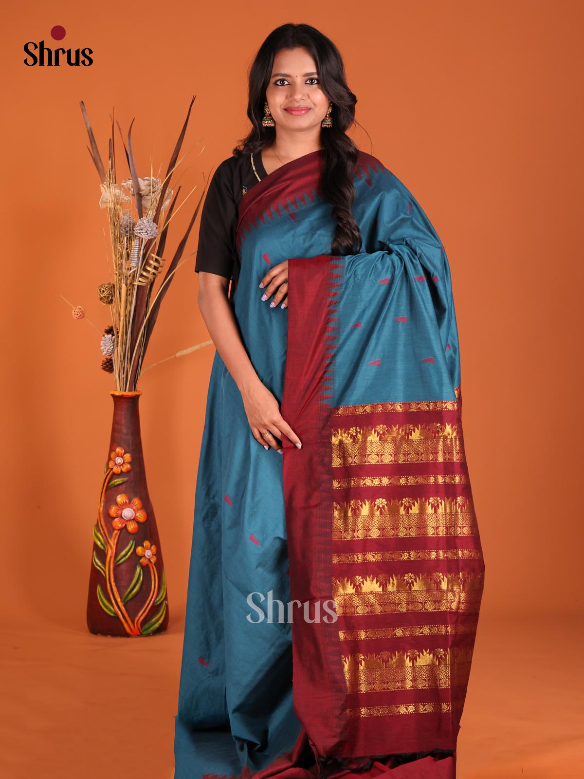 Blue & Maroon - Kalyani Cotton Saree