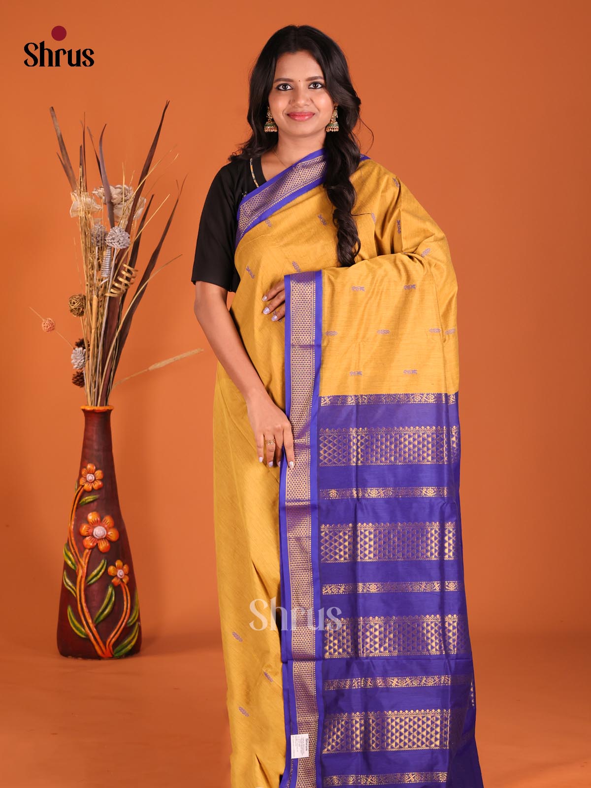 Yellow & Blue - Kalyani Cotton Saree - Shop on Shrus.com