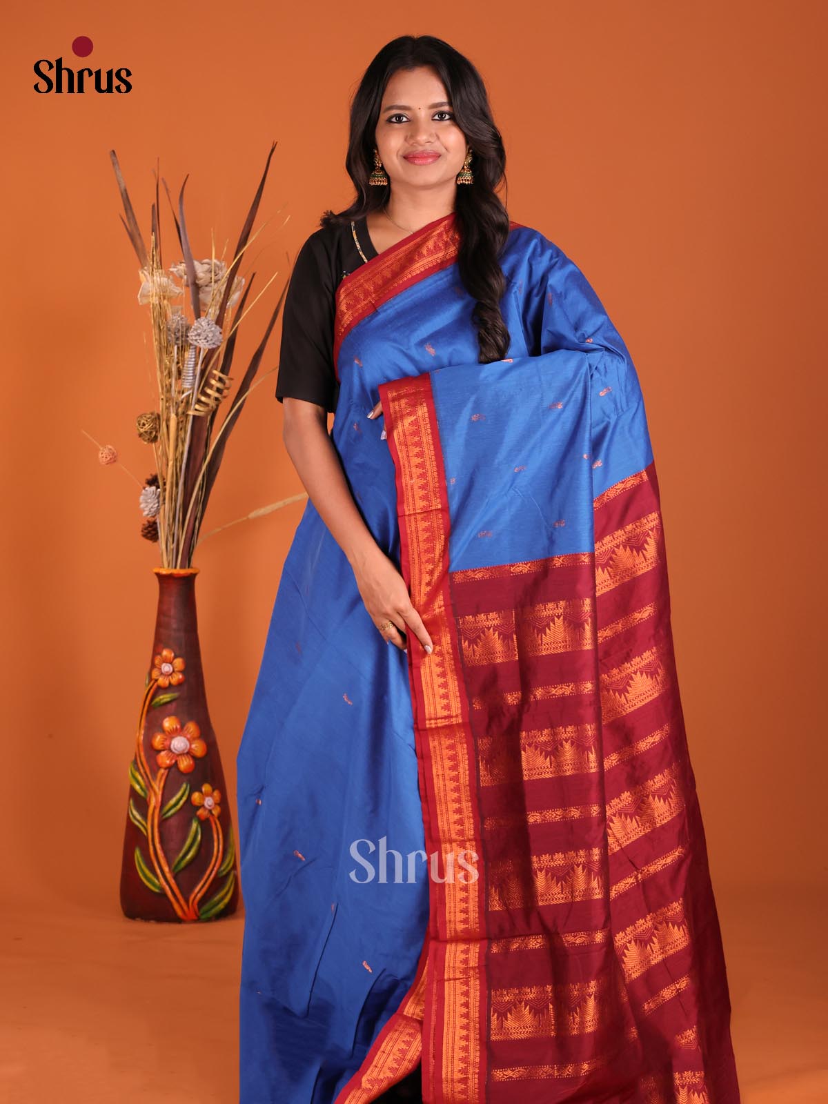 Blue & Maroon - Kalyani Cotton Saree