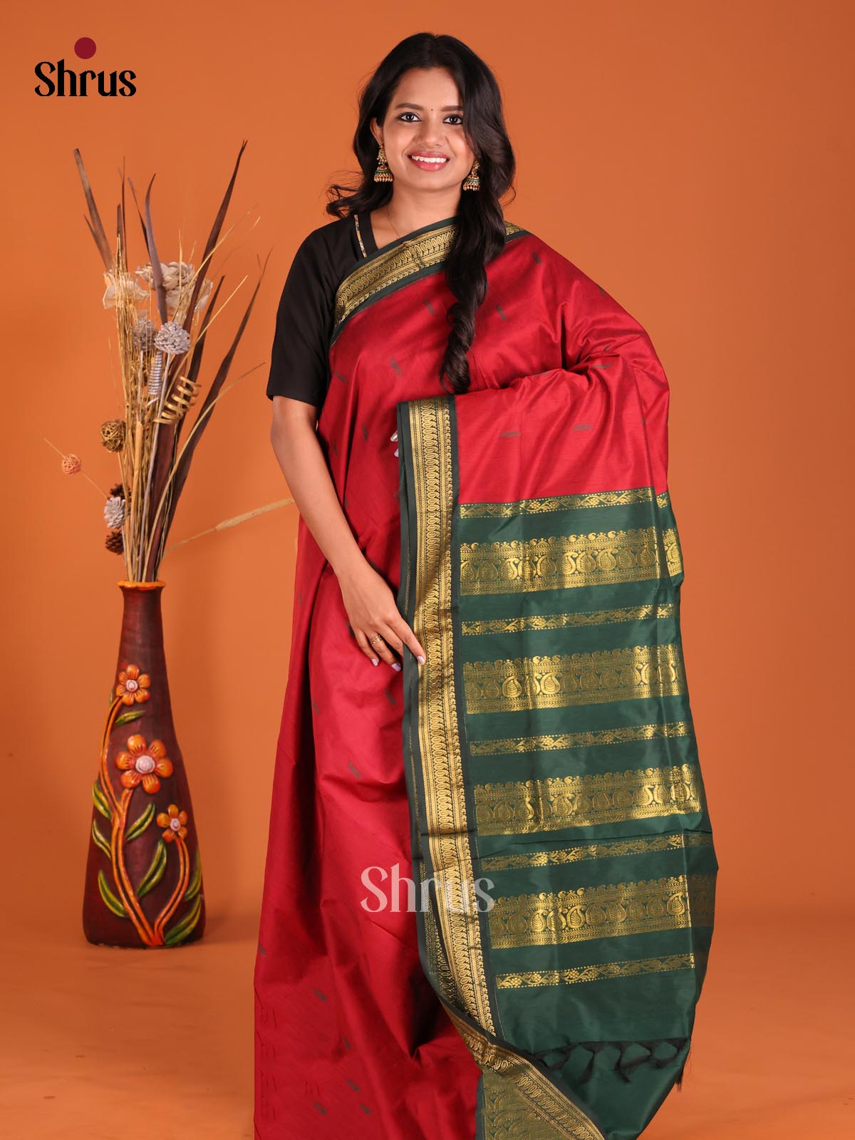 REd & Green - Kalyani Cotton Saree - Shop on Shrus.com