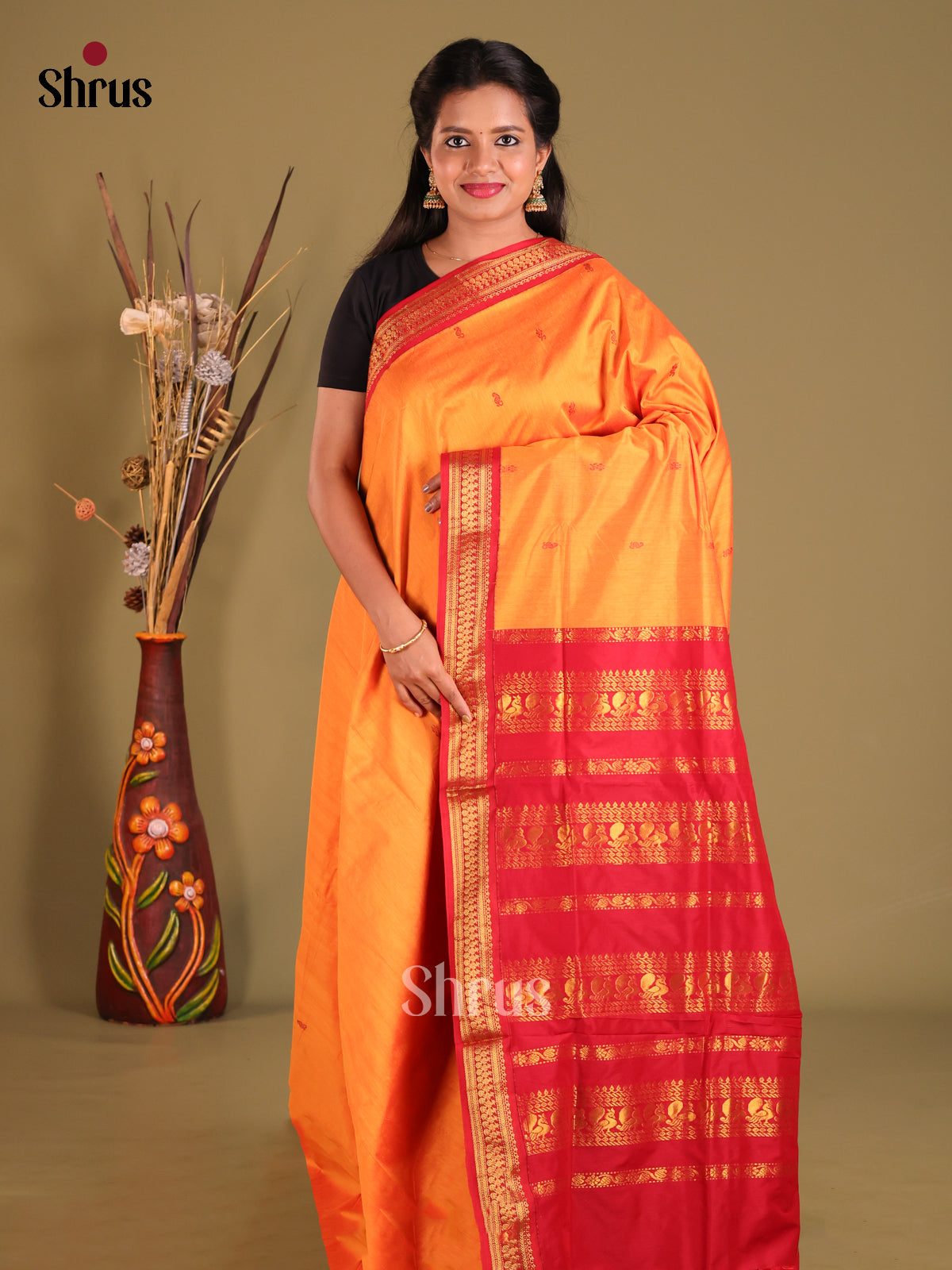 Mustard & Red - Kalyani Cotton Saree - Shop on Shrus.com