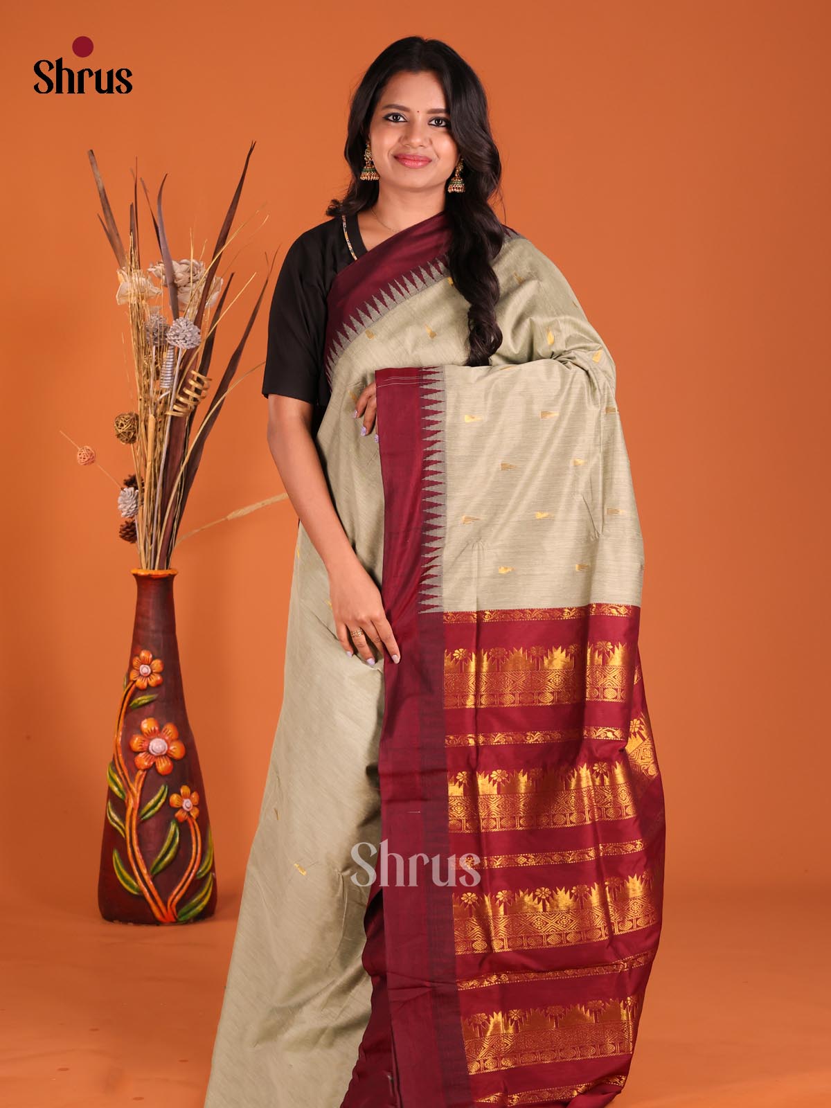 Grey & Maroon - Kalyani Cotton Saree - Shop on Shrus.com