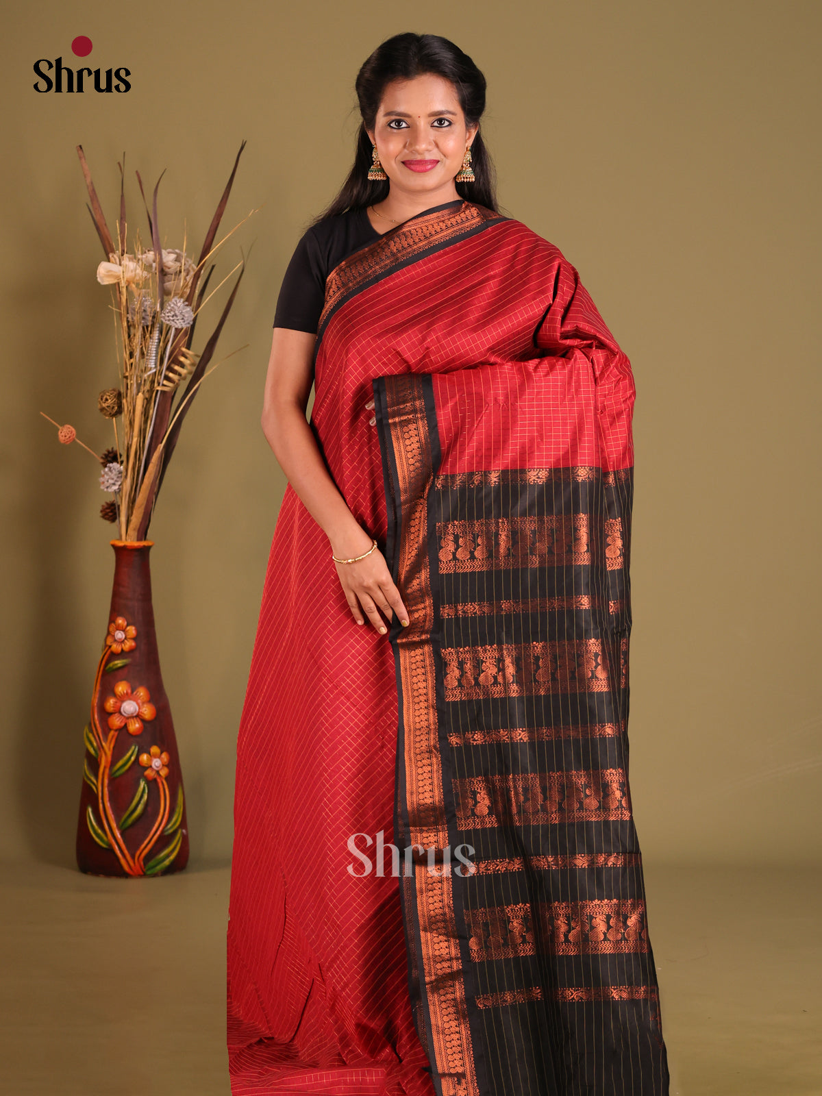 Red & Black- Kalyani Cotton Saree - Shop on Shrus.com
