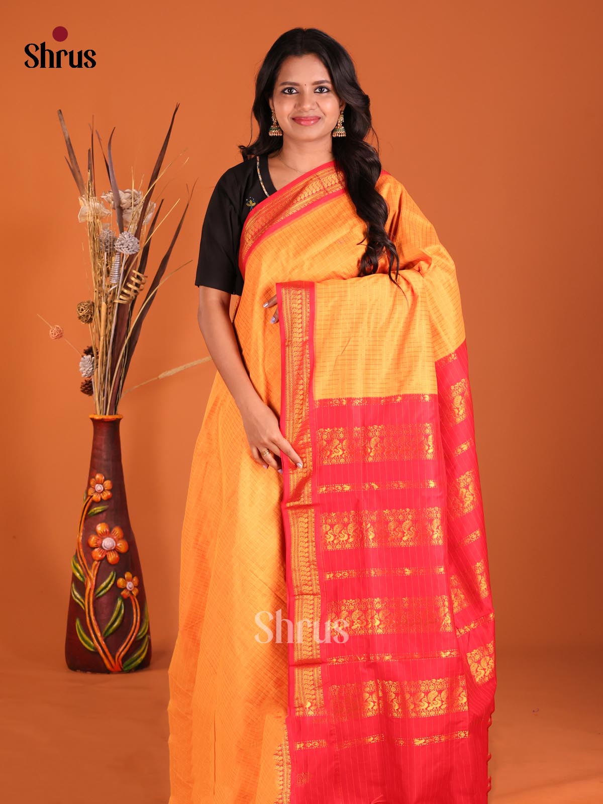 Mustard & Red - Kalyani Cotton Saree