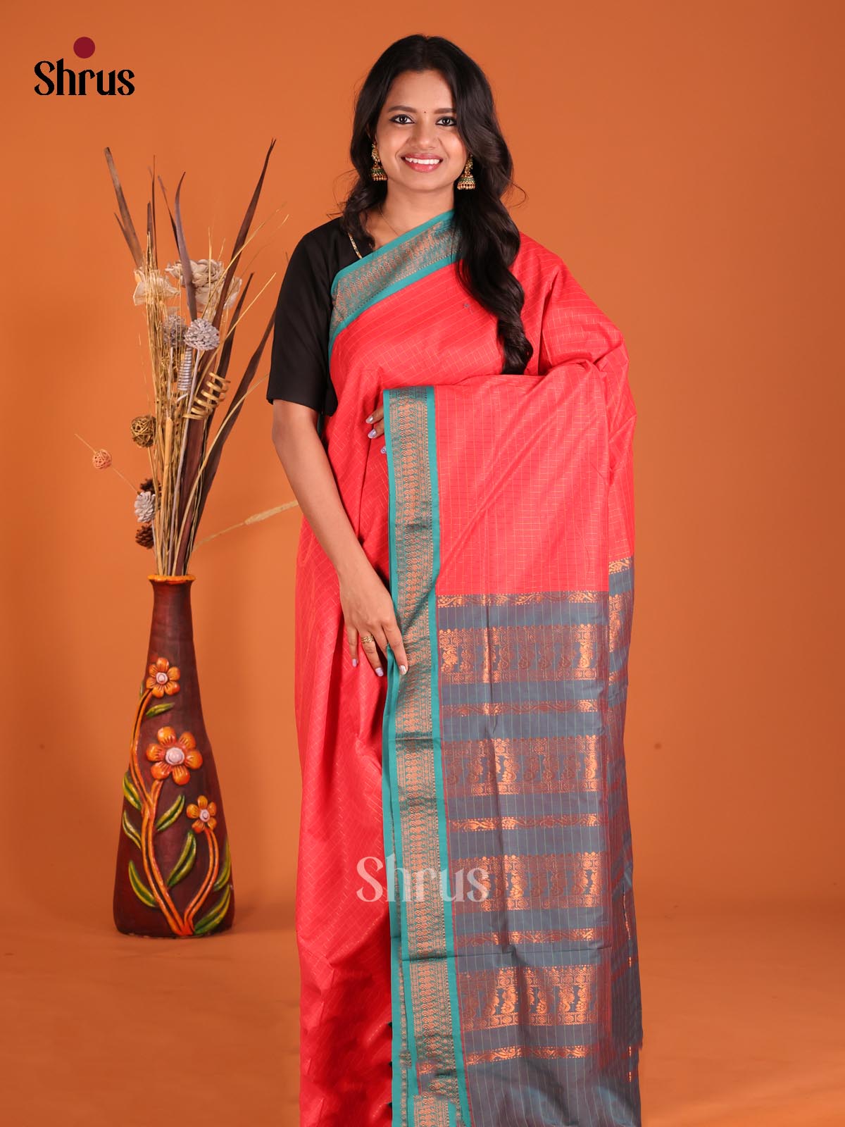 Orangish Pink & Blue - Kalyani Cotton Saree - Shop on Shrus.com