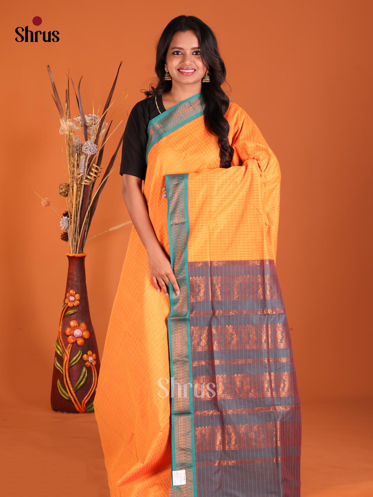 Orange & Teal - Kalyani Cotton Saree - Shop on Shrus.com