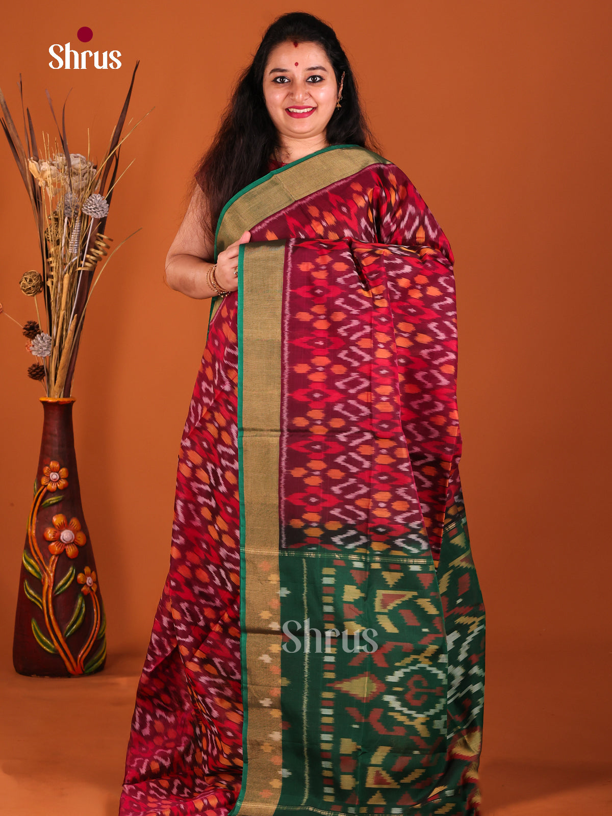 Maroon & Green- Pochampally sico Saree - Shop on Shrus.com