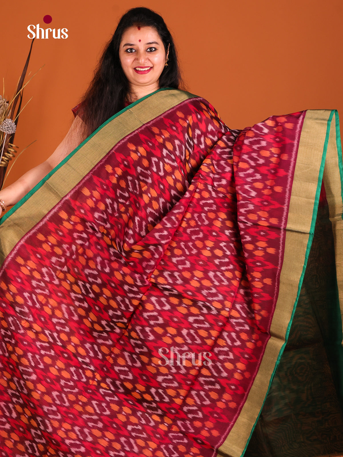 Maroon & Green- Pochampally sico Saree - Shop on Shrus.com